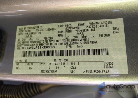 2025 Ford F-150 Xlt из США, поврежденный, VIN 1FTEW3LP5SKE63399